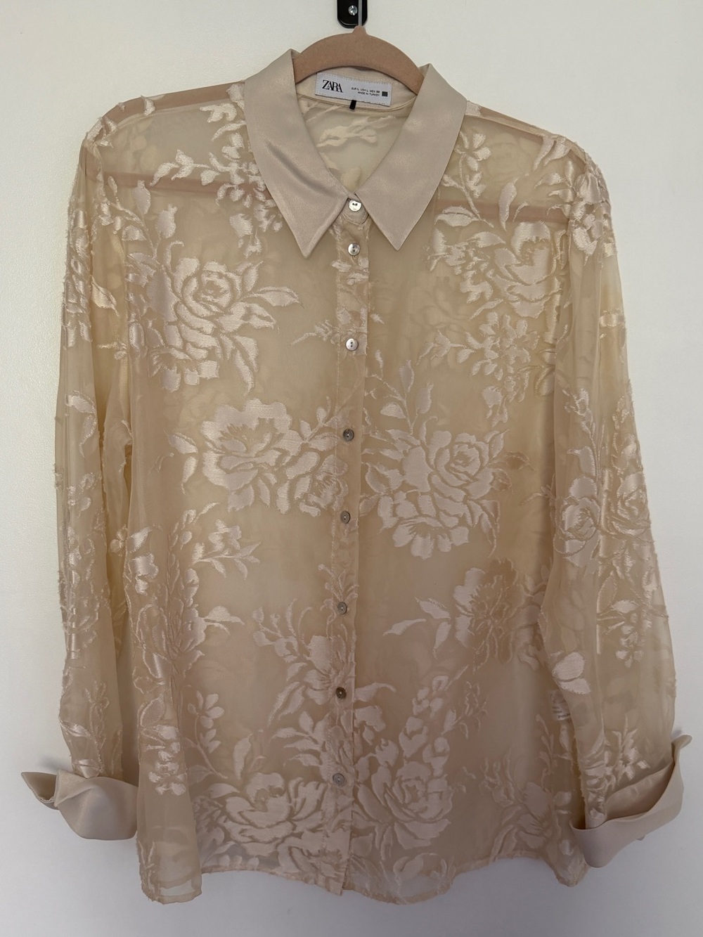 ZARA Sheer Floral Jacquard Button-Up Blouse in cream